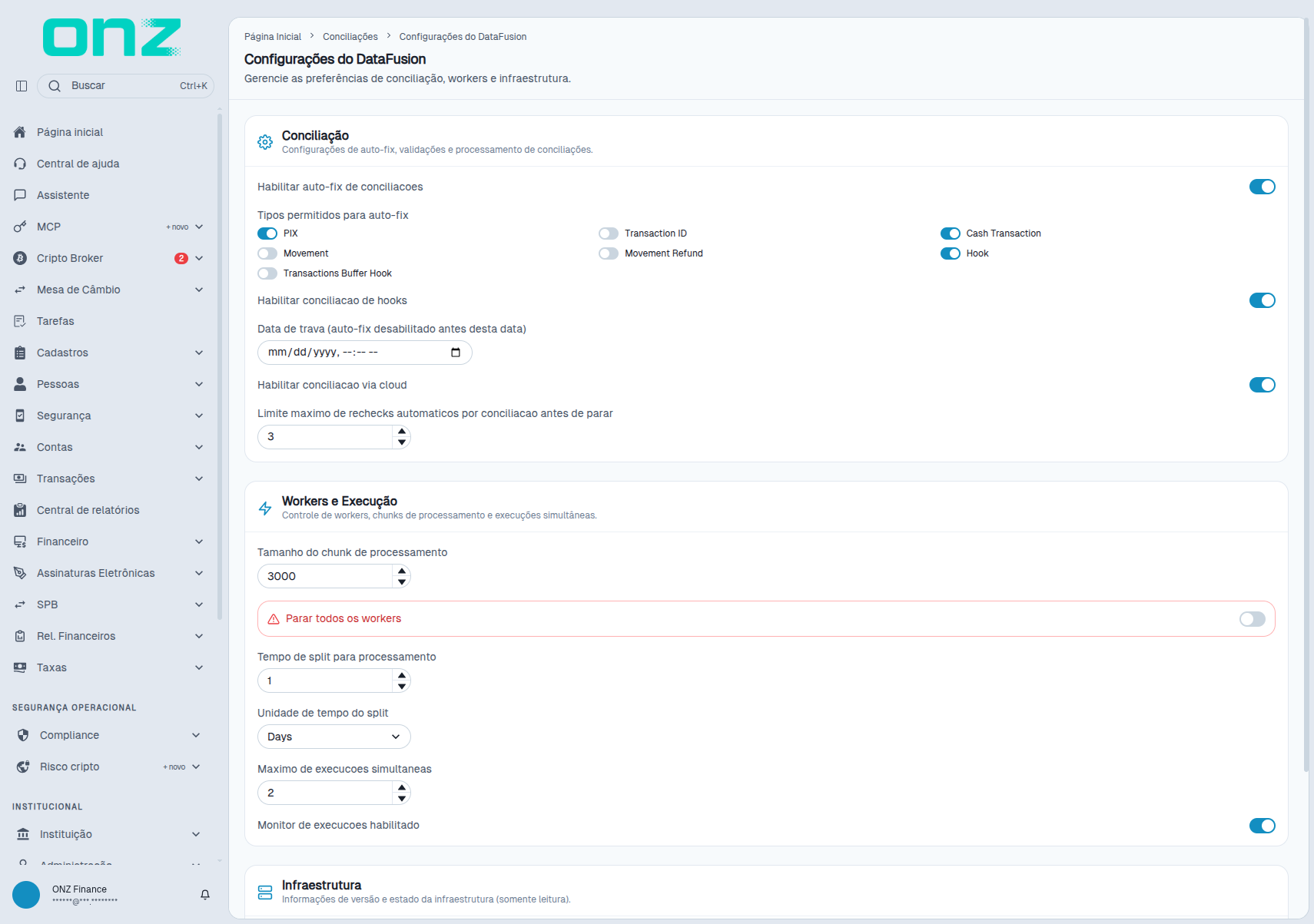 Configurações do DataFusion, com os blocos Conciliação, Workers e Execução e Infraestrutura