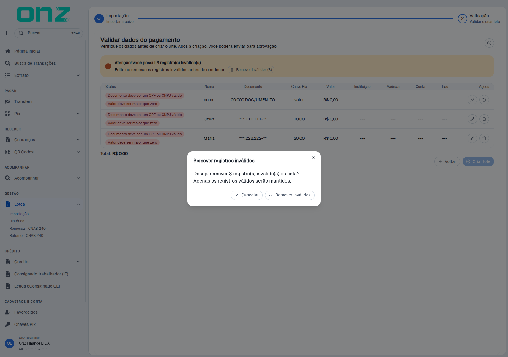 Confirmação de remoção dos registros inválidos