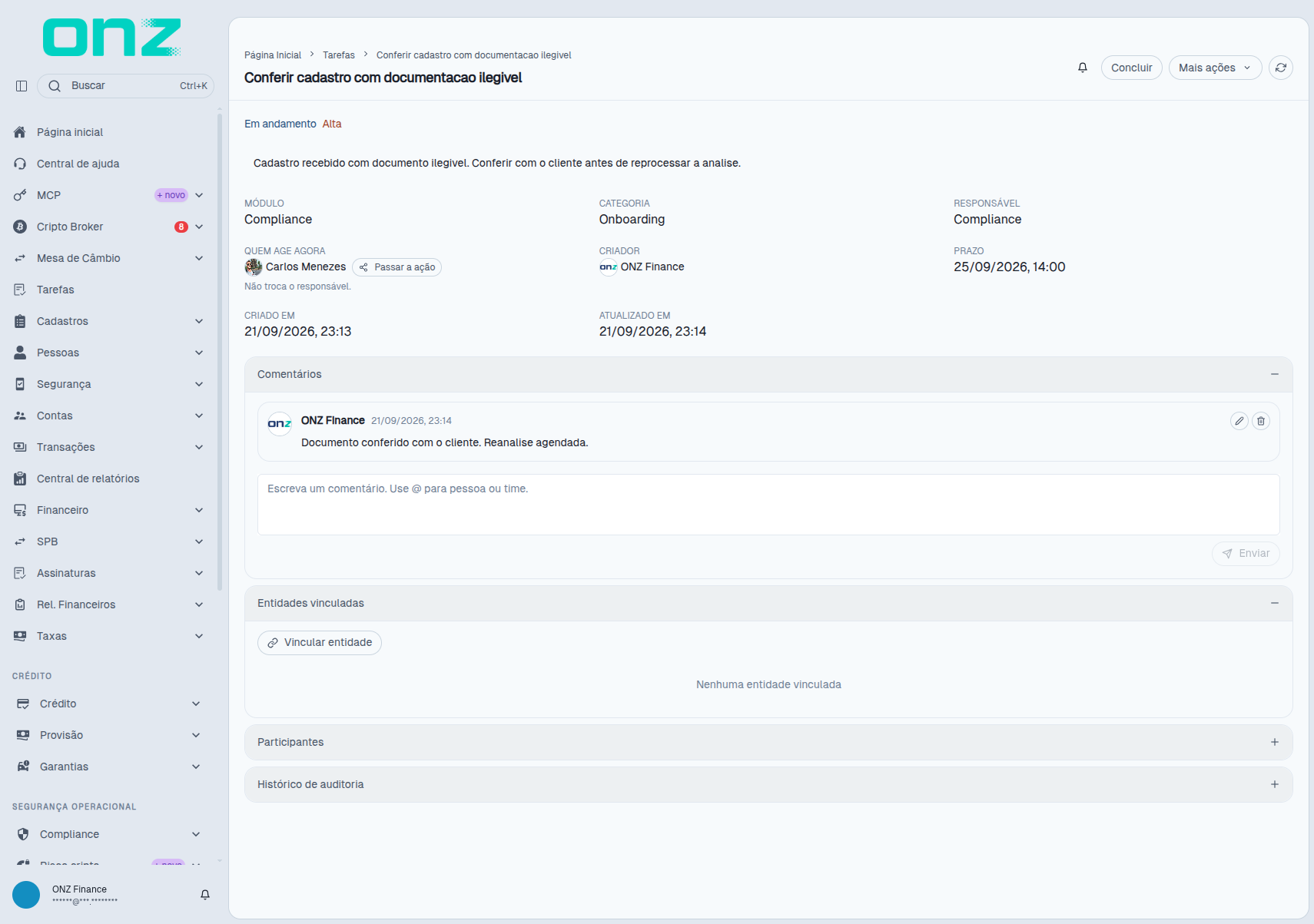 Tarefa com o comentário registrado e a situação Em andamento