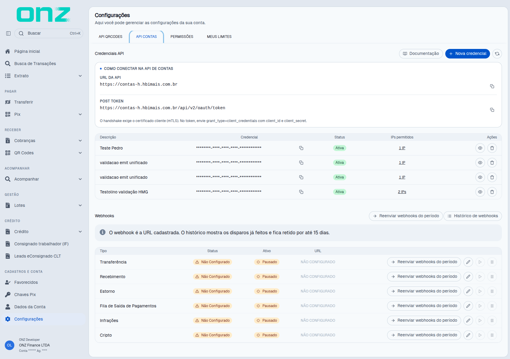Credenciais da API de Contas