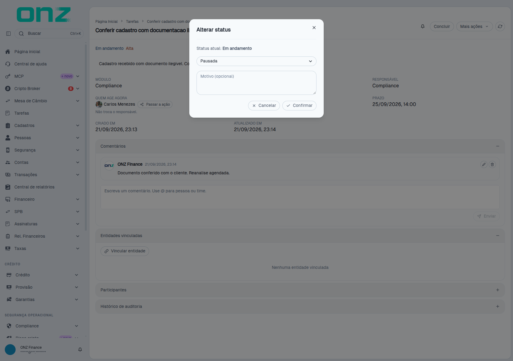 Modal Alterar status, com o status atual e a escolha do novo status
