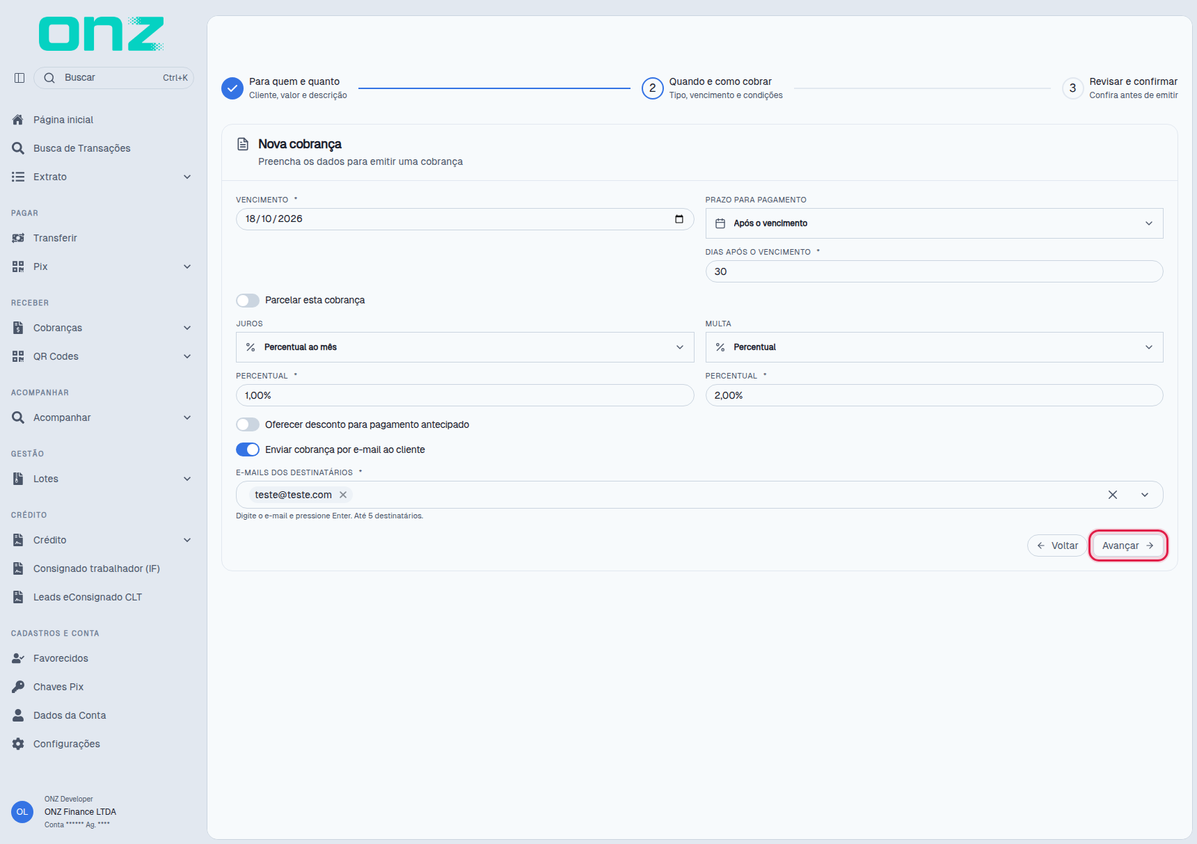Etapa 2 — Pix: vencimento, prazo, encargos e envio