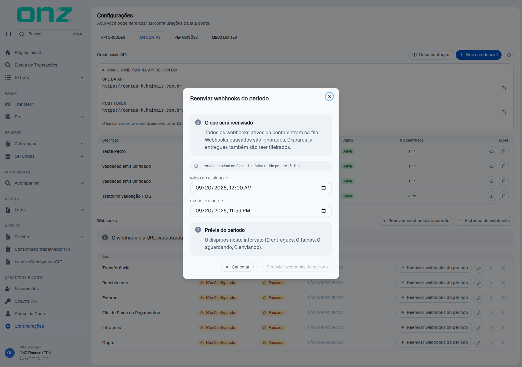 Reenviar webhooks do período