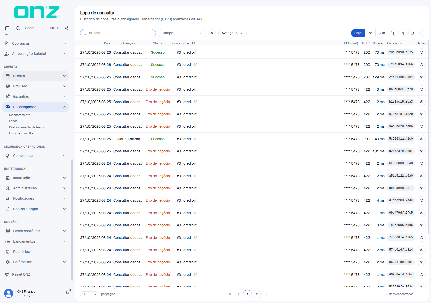 Lista de logs de consulta