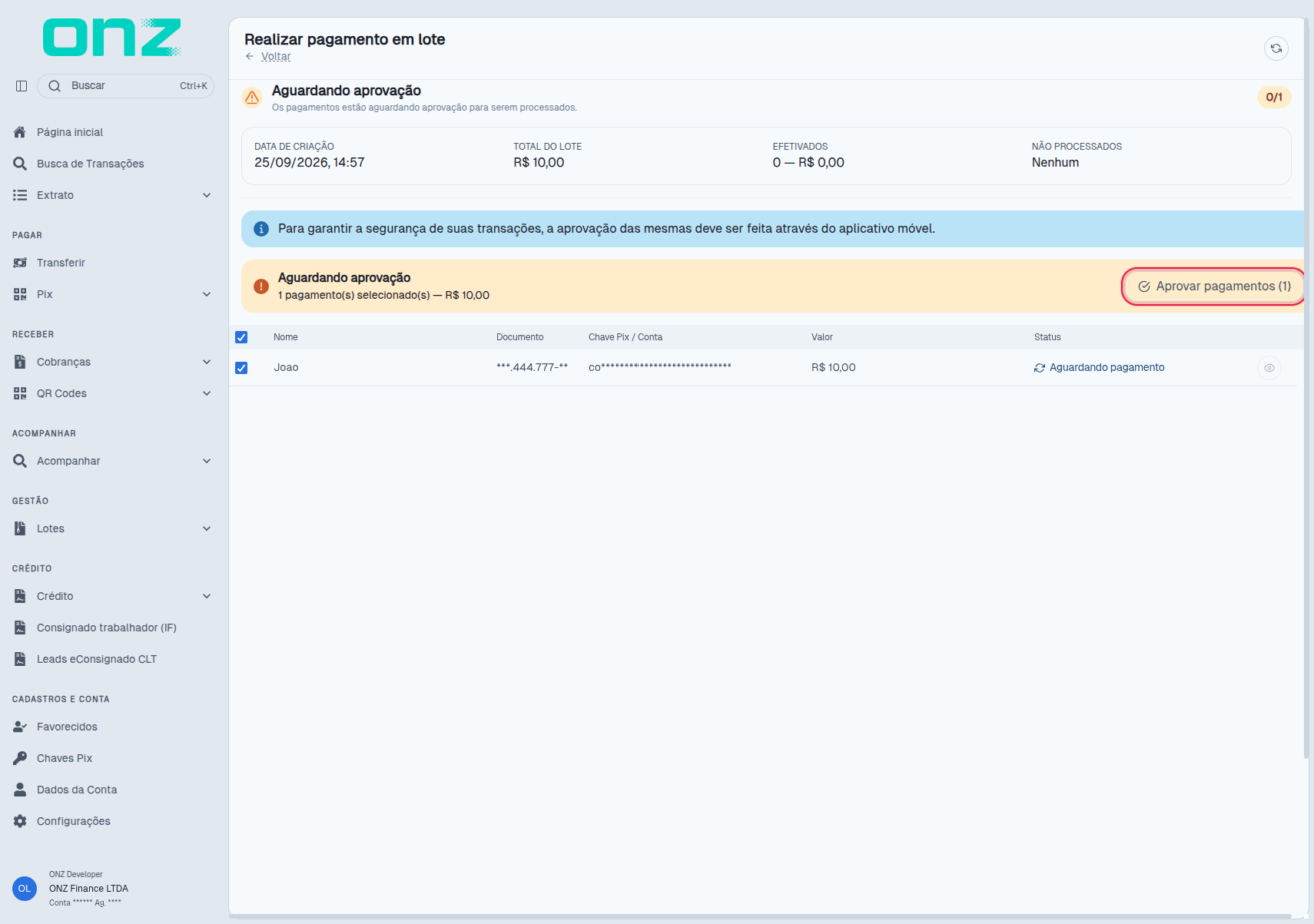 Lote com pagamentos aguardando aprovação