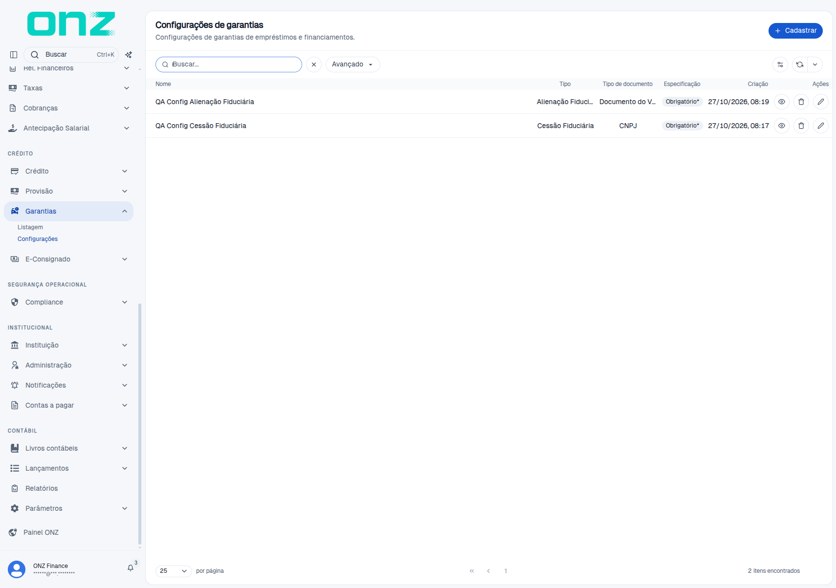 Lista de configurações de garantias
