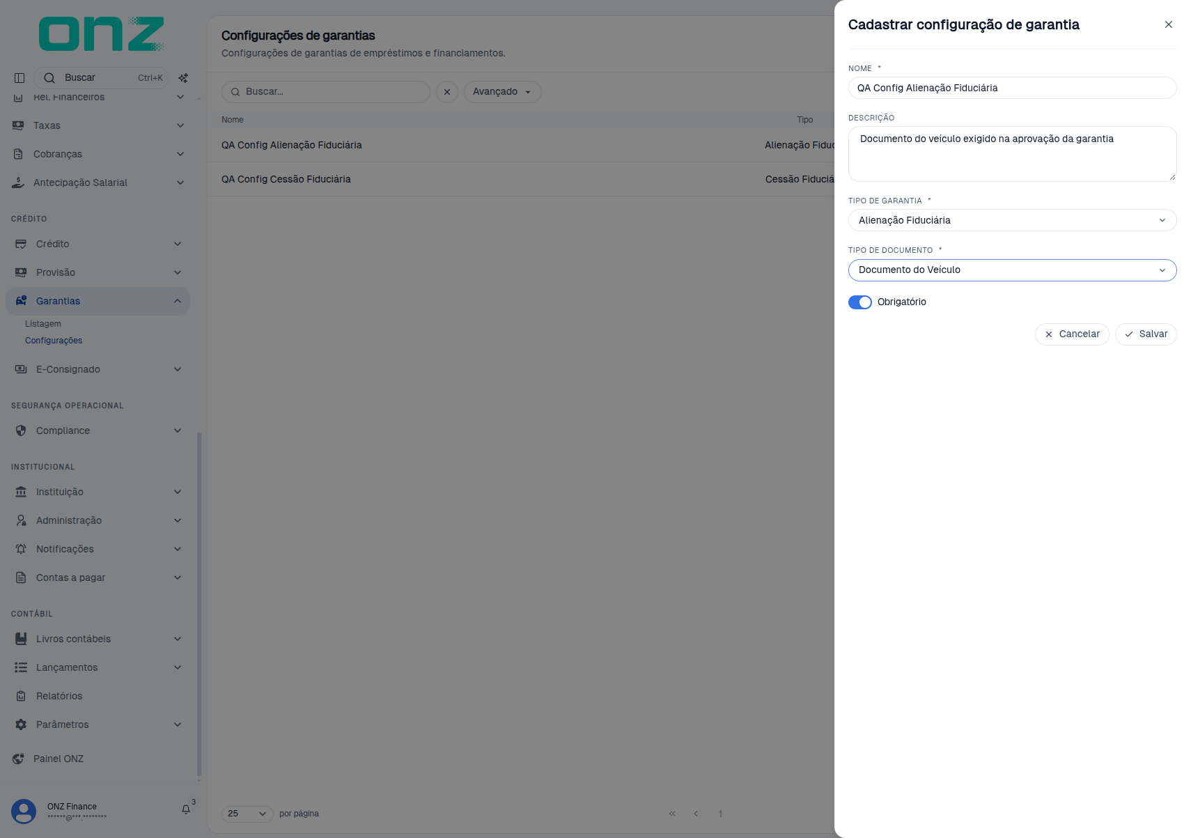 Janela Cadastrar configuração