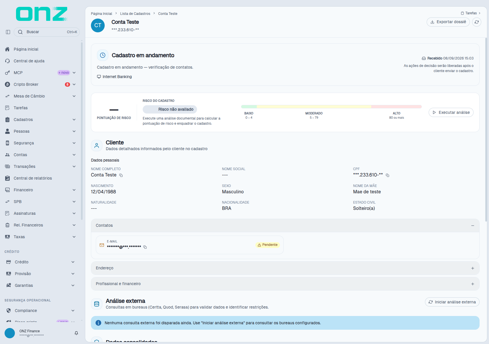 Cadastro em andamento — o cliente ainda está preenchendo no app