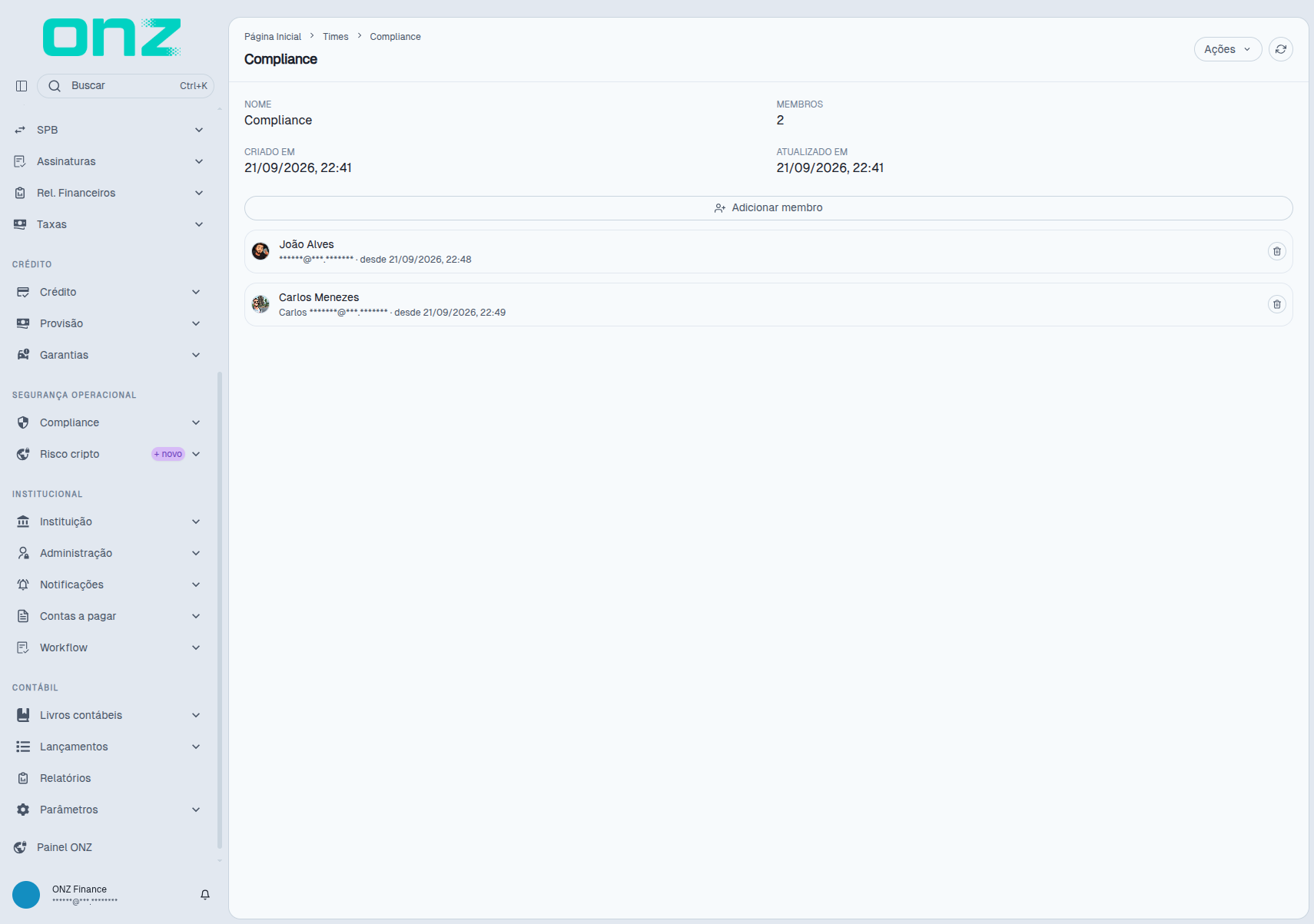 Detalhe do time, com os membros adicionados