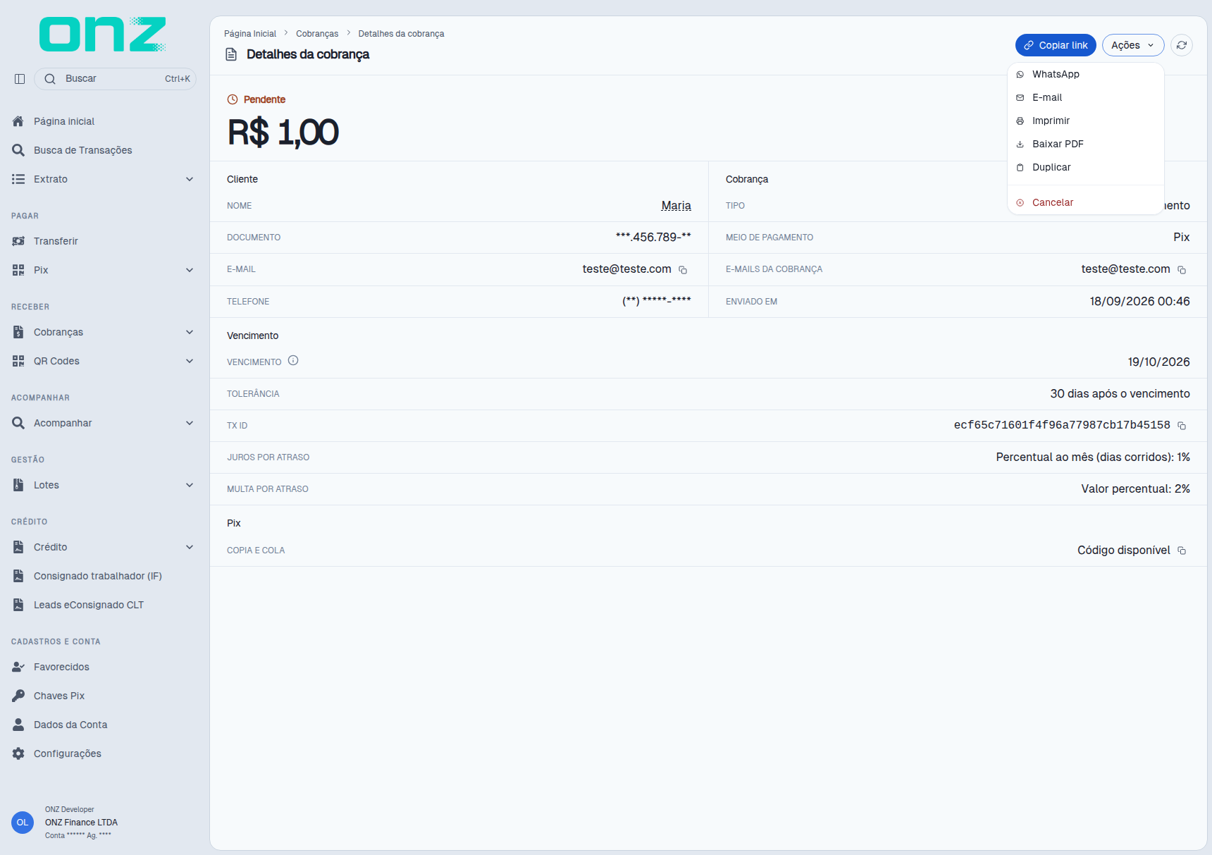 Menu Ações da cobrança