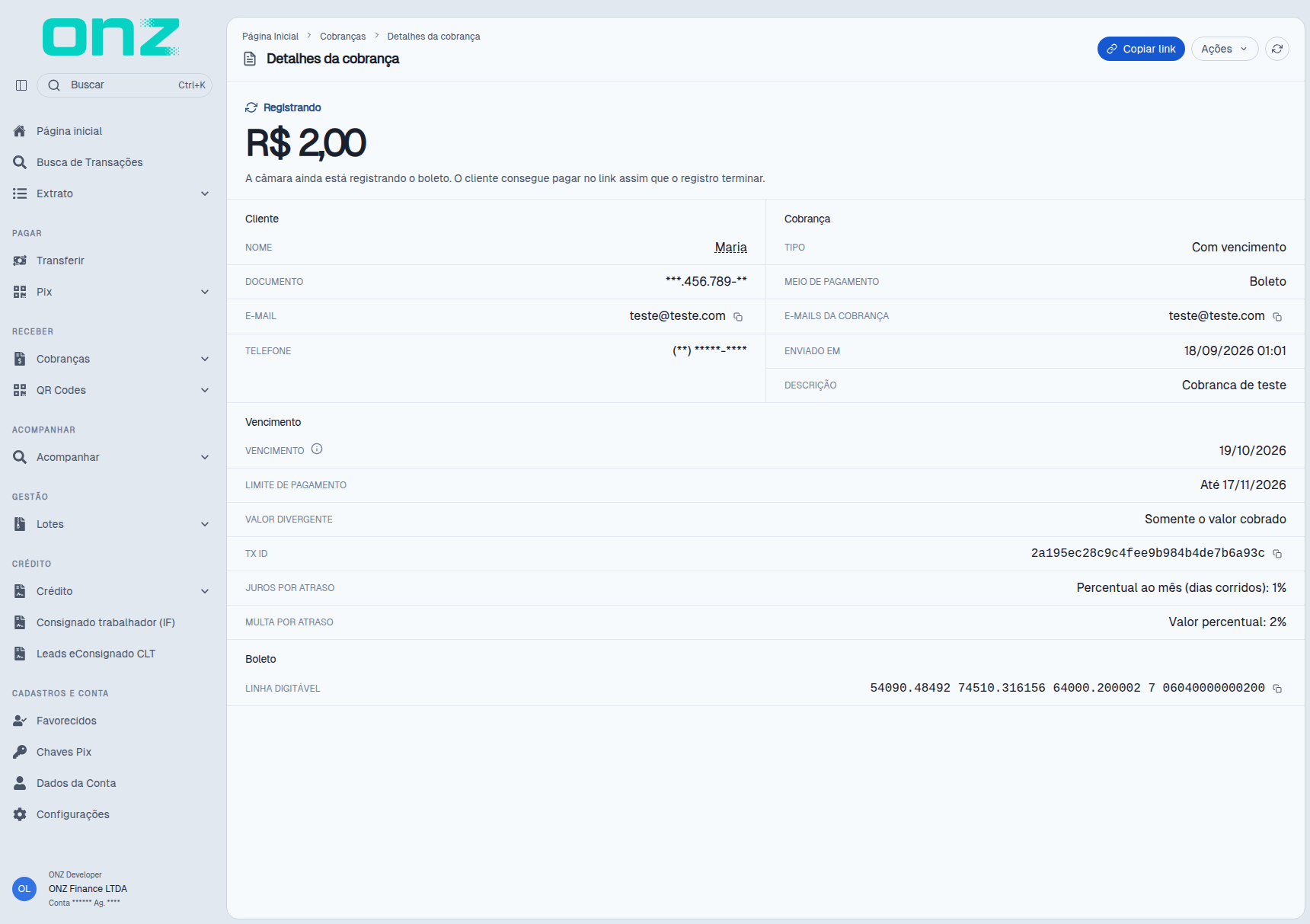 Cobrança por boleto emitida, com a linha digitável