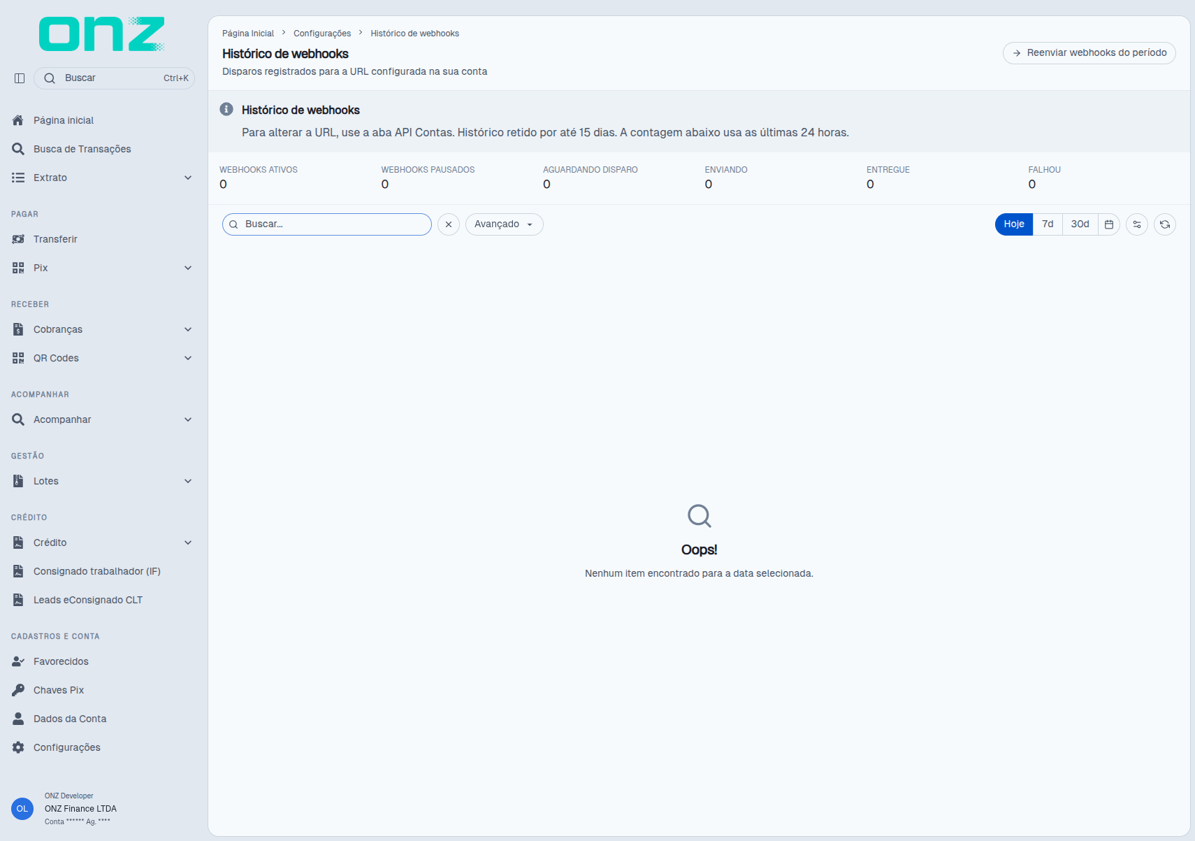 Histórico de webhooks