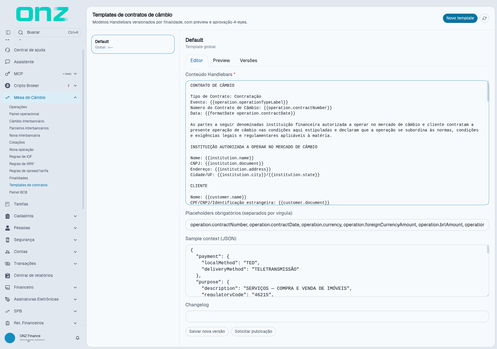 Templates de contratos de câmbio, com o editor e as versões