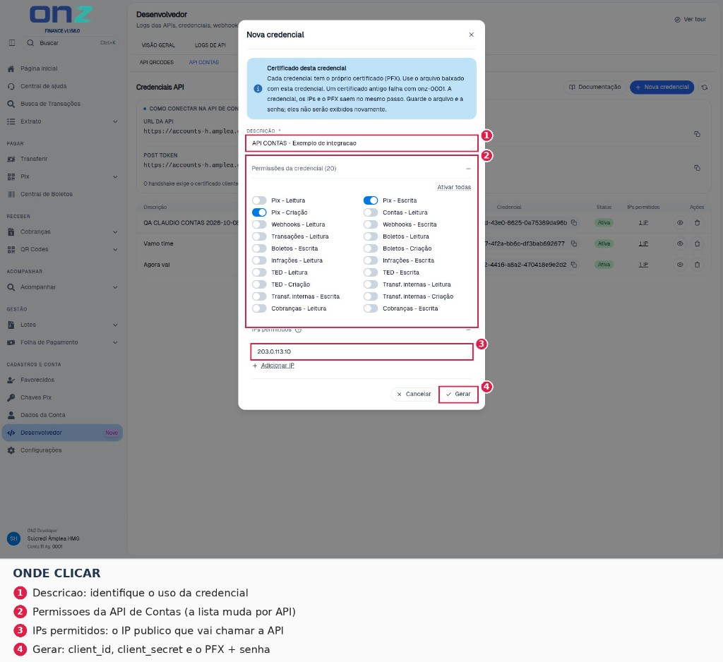Formulário da API de Contas, com as permissões próprias dessa API