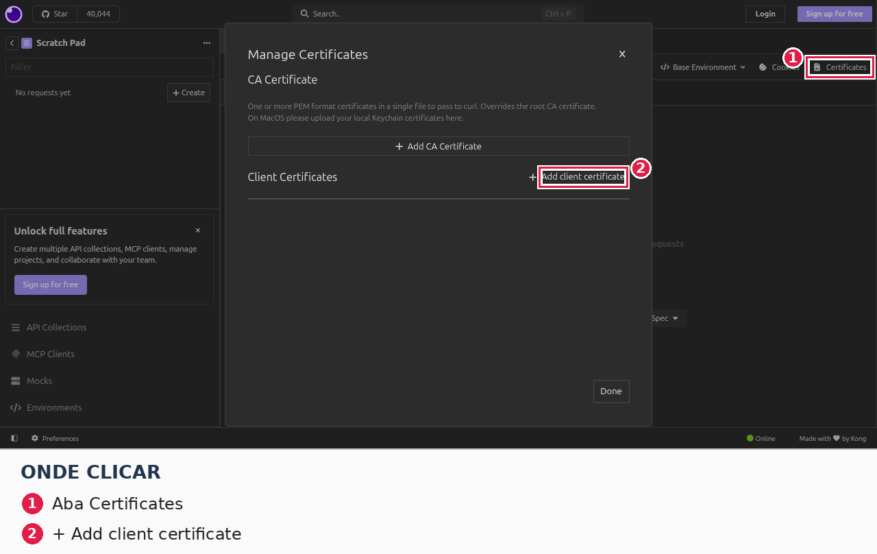 Insomnia: aba Certificates com Manage Certificates e Client Certificates