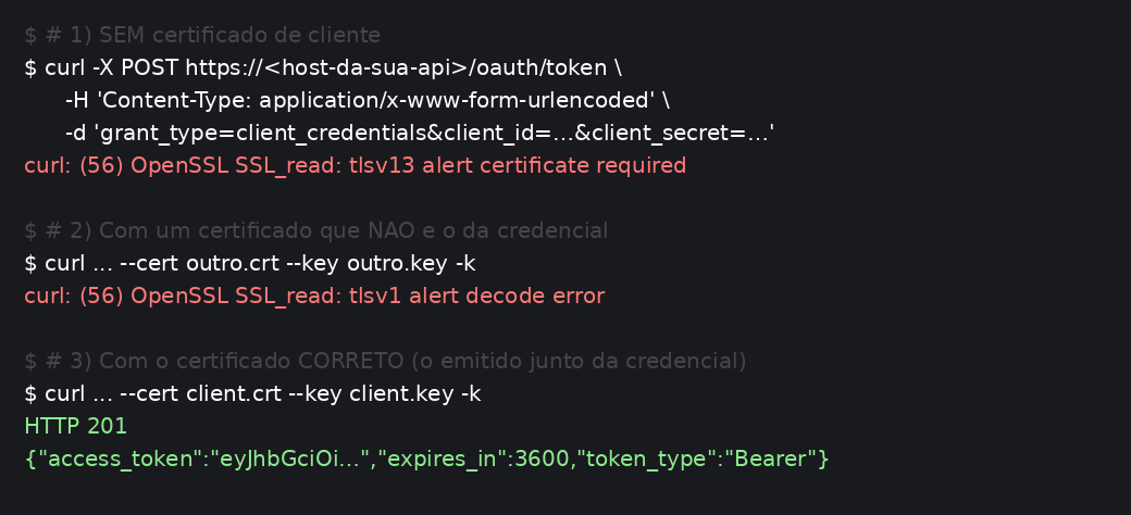 Verificação com curl: sem certificado, com certificado errado e com o certificado correto