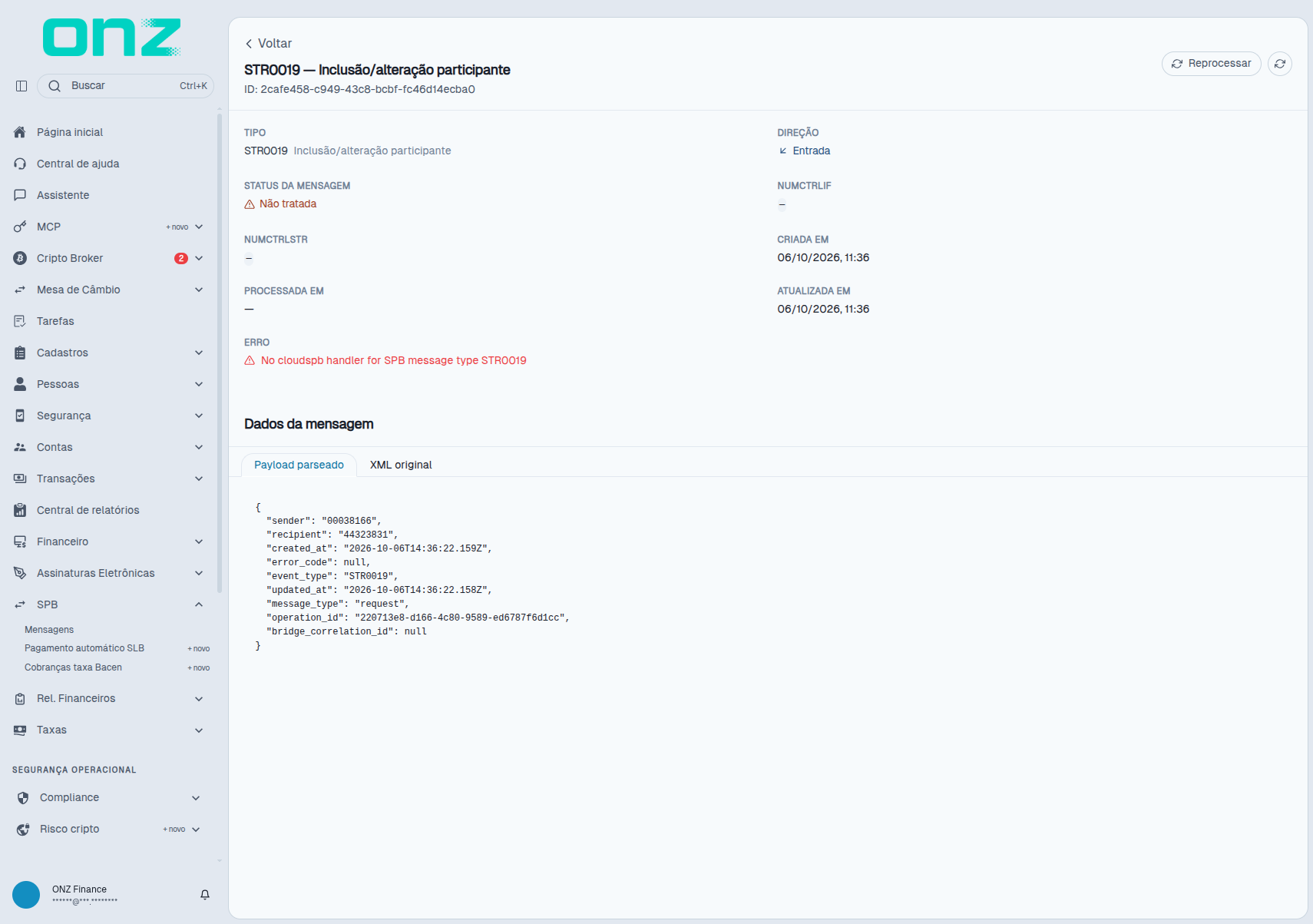 Detalhe de uma mensagem do STR, com os dados da mensagem e as abas de payload e XML