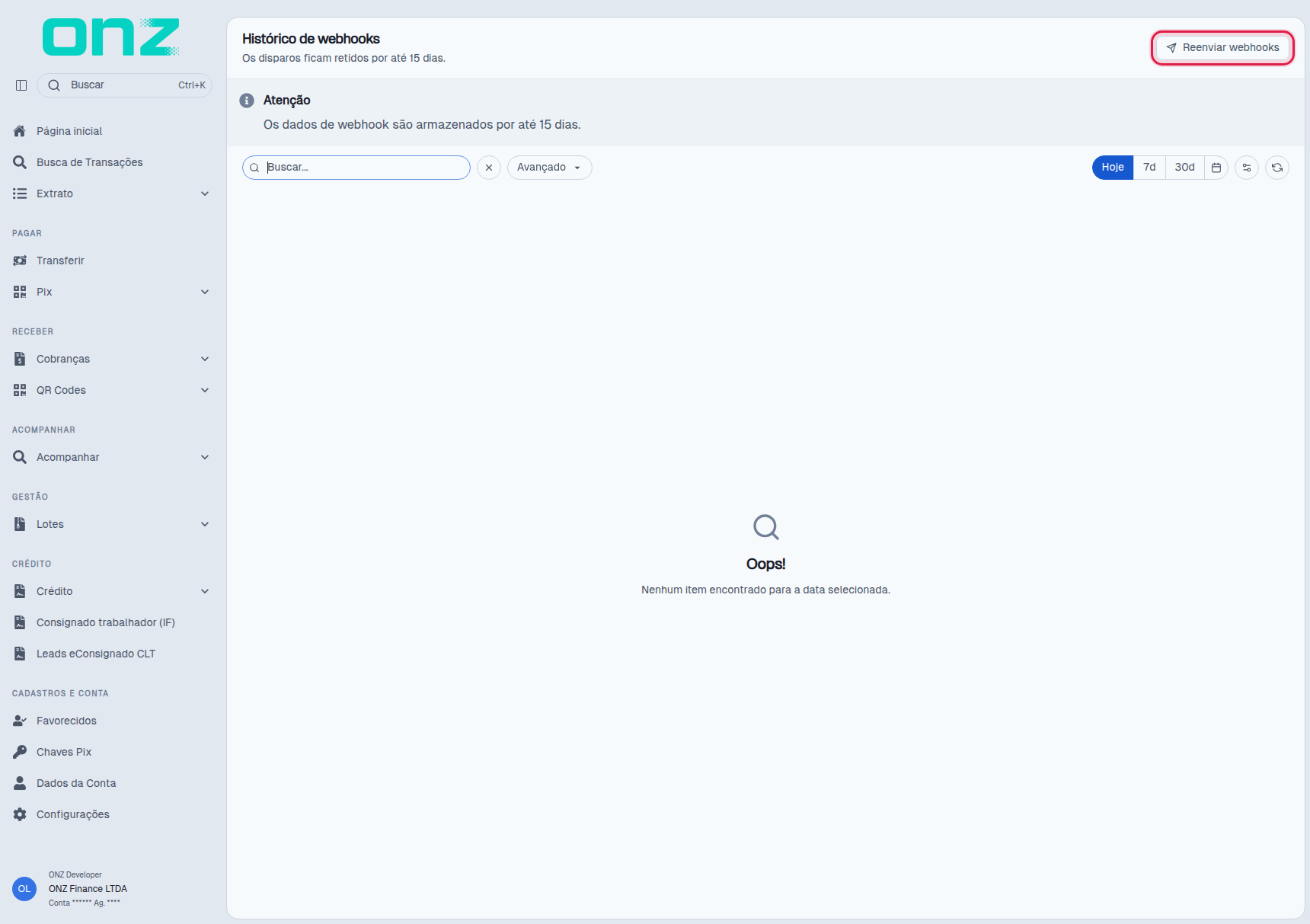 Histórico de webhooks