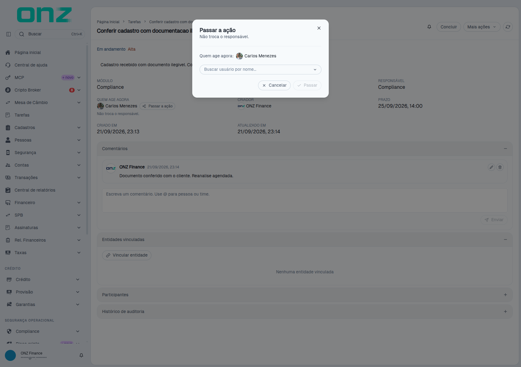 Modal Passar a ação, com a busca de usuário