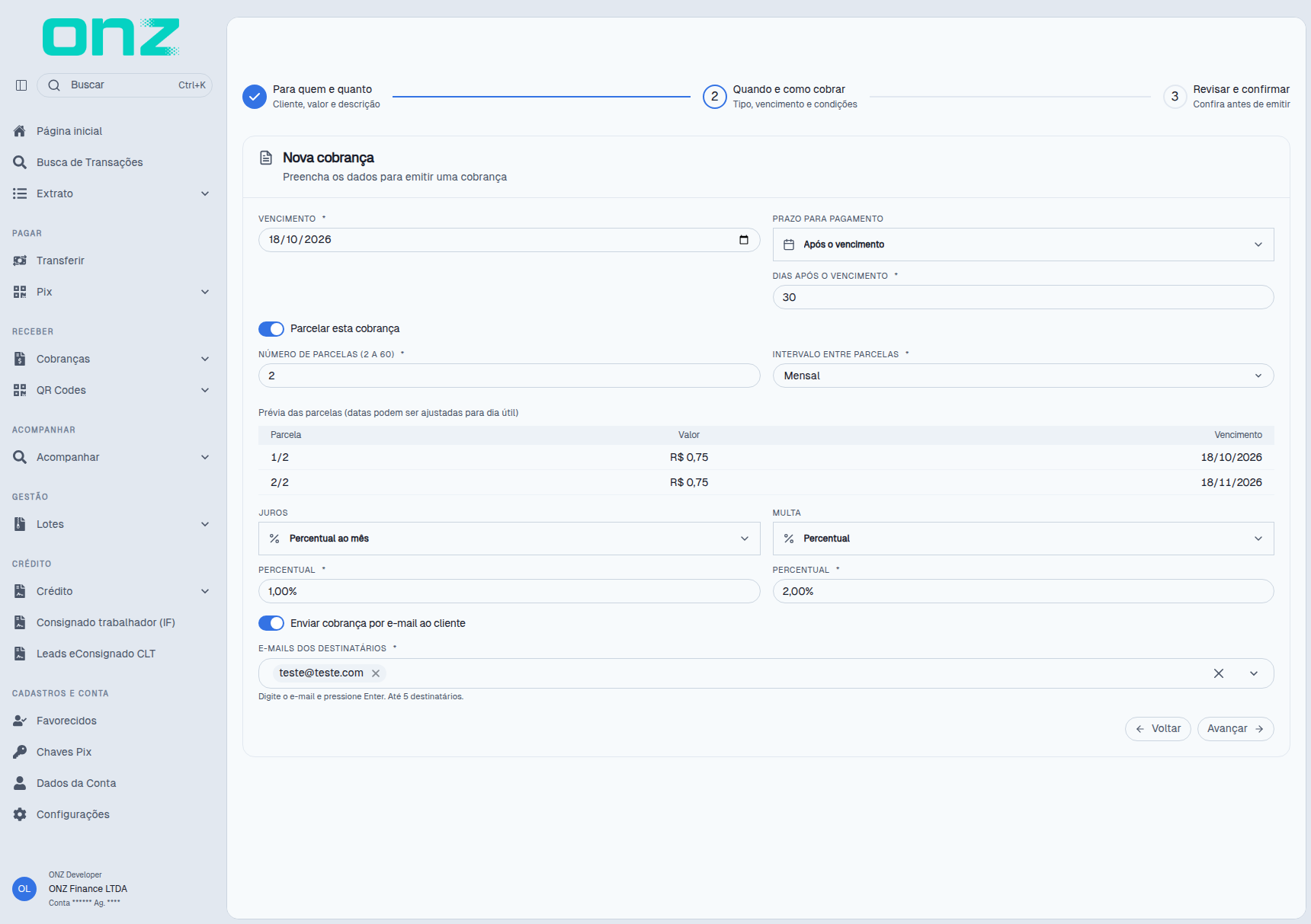 Etapa 2 — parcelamento com prévia das parcelas