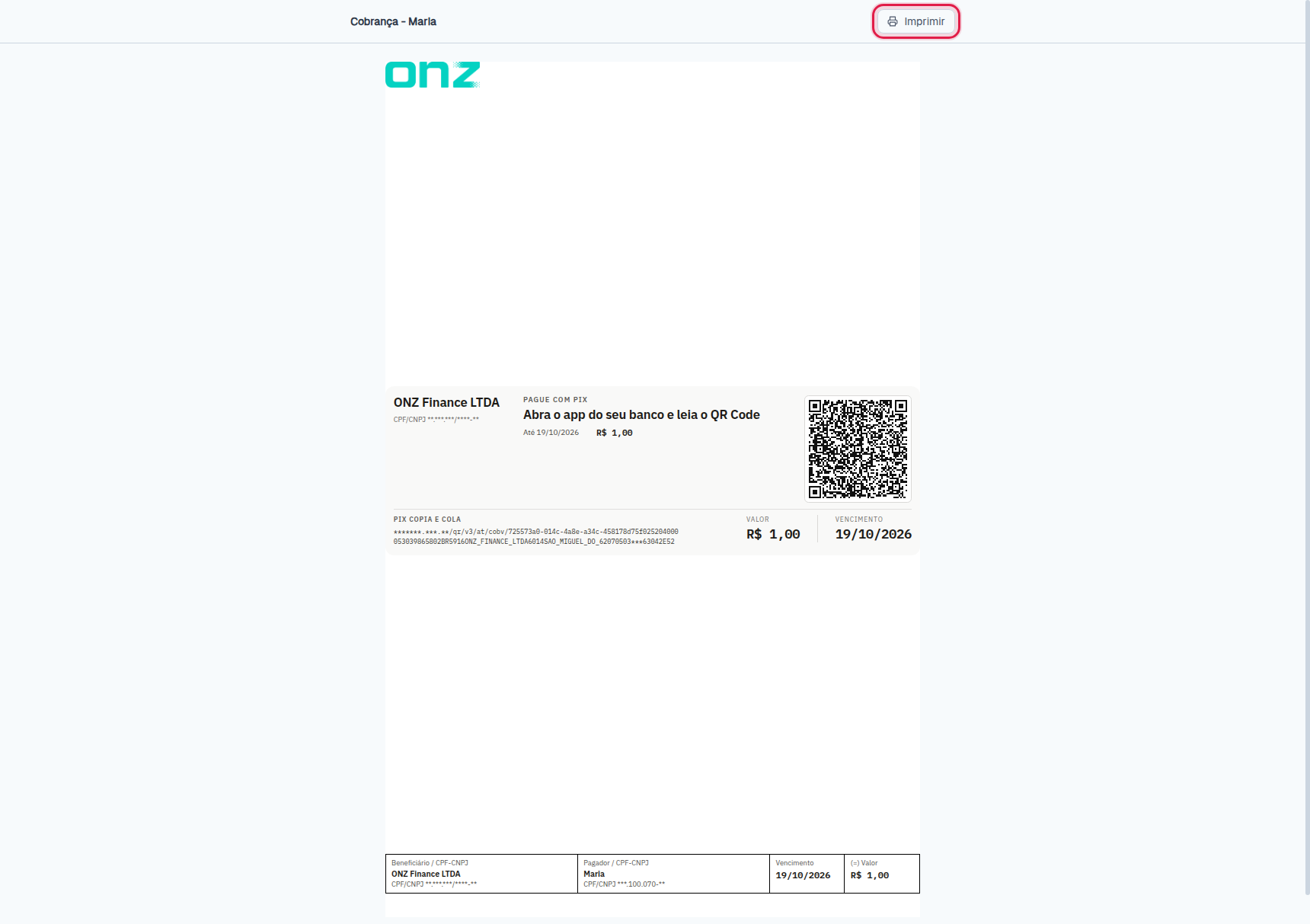 Cobrança pronta para impressão, com QR Code