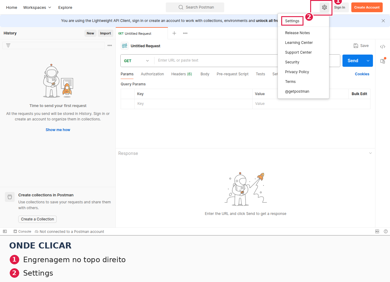 Postman: menu da engrenagem com a opção Settings